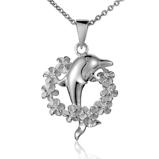 Sterling silver Round Lei R-Dolphin pendant featuring a detailed dolphin design, perfect for jewelry and gift accessories.