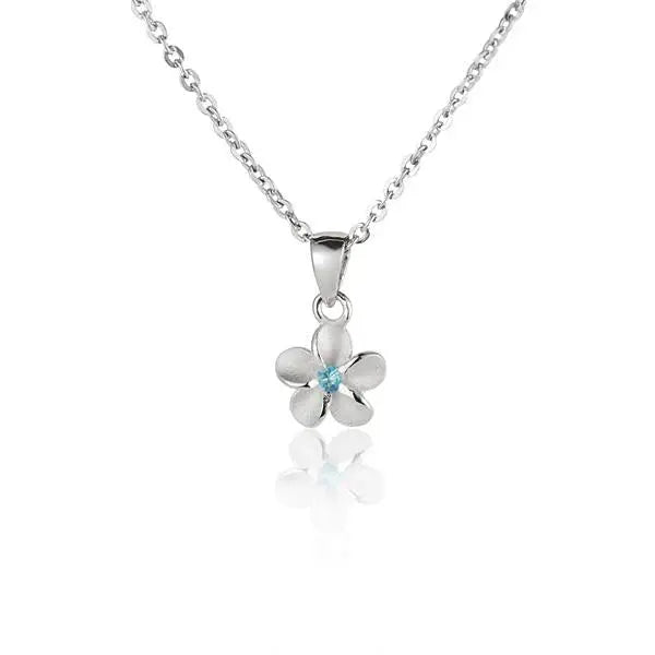 Hawaiian 925 Sterling Silver s/Blasted Plumeria Blue CZ pendant, 8mm, featuring intricate floral design and vibrant blue.