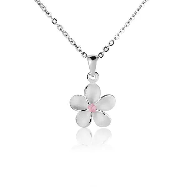 Hawaiian 925 Sterling Silver plumeria Pink CZ pendant, 12mm, featuring a blasted finish, designed for elegant jewelry making.