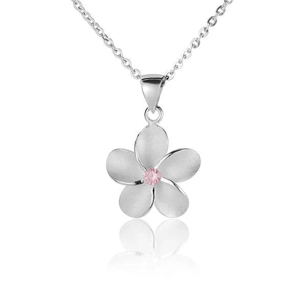 Hawaiian 925 Sterling Silver plumeria Pink CZ pendant, 15mm, featuring a textured blasted finish.