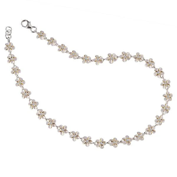 Hawaiian 925 Sterling Silver sAK Plumeria CZ anklet with 6mm floral charms, shiny and delicate jewelry for ankle adornment.