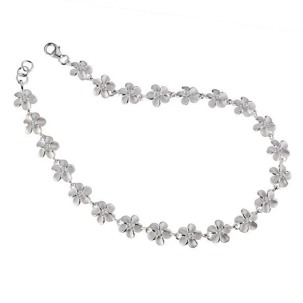 Hawaiian 925 Sterling Silver plumeria CZ anklet with 8mm beads, featuring intricate floral design.