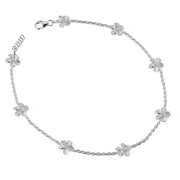 Hawaiian 925 Sterling Silver sAK Plumeria CZ rope anklet featuring floral design and sparkling cubic zirconia accents.