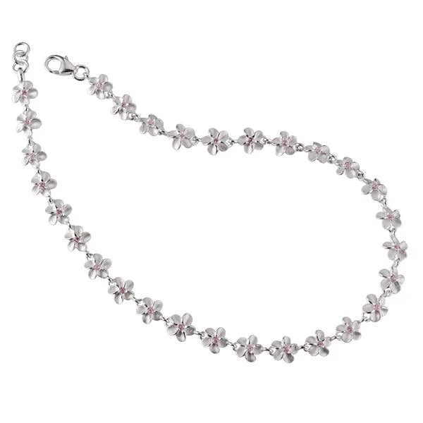 Hawaiian 925 Sterling Silver sAK Plumeria Pink CZ anklet with 6mm charms, featuring delicate chain and floral design.