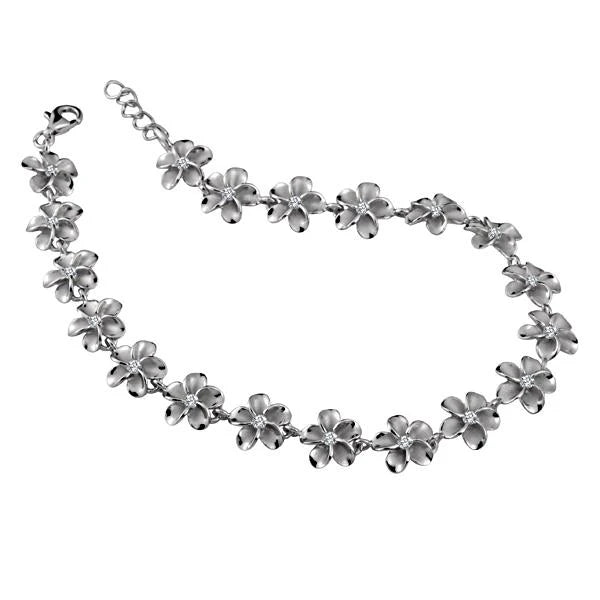 Hawaiian 925 Sterling Silver sAK Rhodium Plumeria anklet with 10mm links, shiny rhodium finish, delicate and stylish foot.
