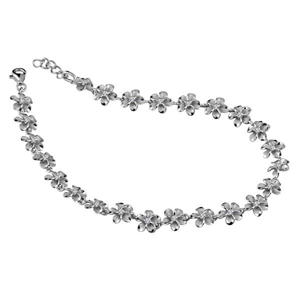 Hawaiian 925 Sterling Silver sAK Rhodium Plumeria anklet with 8mm beads, featuring a delicate floral design on a shiny.