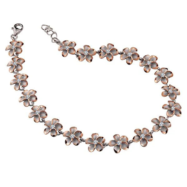 Hawaiian 925 Sterling Silver anklet with rhodium-plated plumeria design, 10mm size.