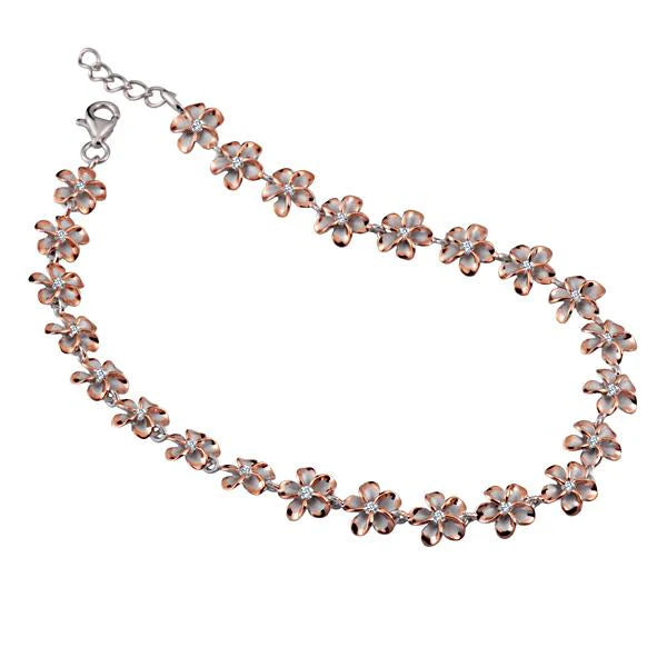 Hawaiian 925 Sterling Silver anklet with rhodium-plated plumeria design, 8mm width, featuring a delicate floral pattern.