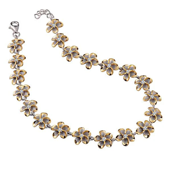 Hawaiian 925 Sterling Silver anklet with yellow gold-plated plumeria design, 10mm width, featuring rhodium finish.
