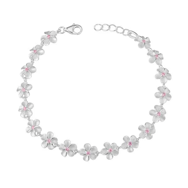 Hawaiian 925 Sterling Silver plumeria Pink CZ bracelet with 6mm round stones.