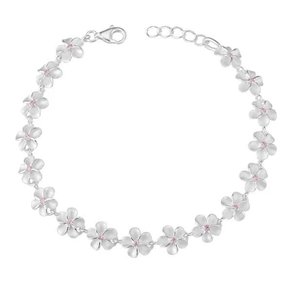 Hawaiian 925 Sterling Silver plumeria Pink CZ bracelet with 8mm beads, featuring delicate flower designs.