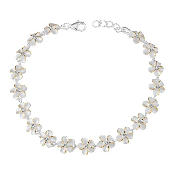Hawaiian 925 Sterling Silver plumeria CZ bracelet with 8mm beads, featuring intricate flower design and sparkling cubic.