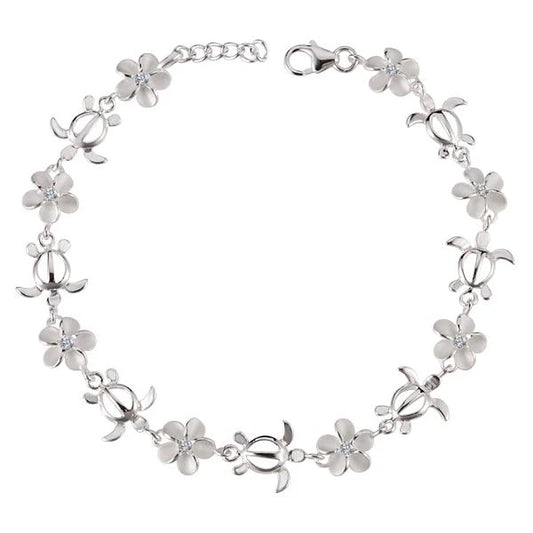 Sterling silver Honu Plumeria CZ bracelet with 8mm beads, featuring tropical-inspired design and intricate craftsmanship.