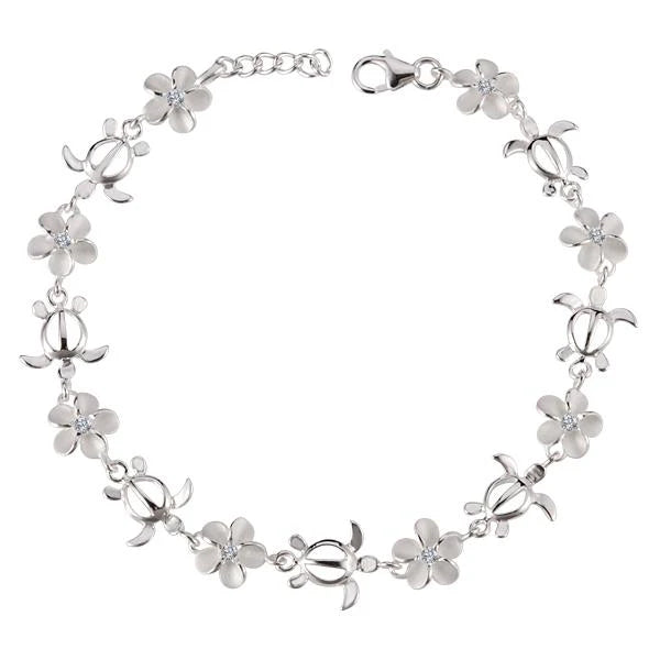 Hawaiian 925 Sterling Silver honu Plumeria CZ bracelet with 8mm beads, featuring intricate turtle and floral designs.