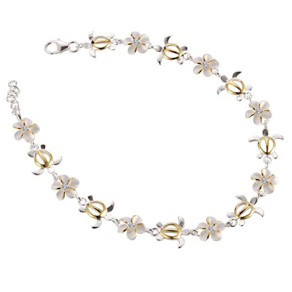 Hawaiian 925 Sterling Silver honu Plumeria CZ bracelet with 8mm beads.