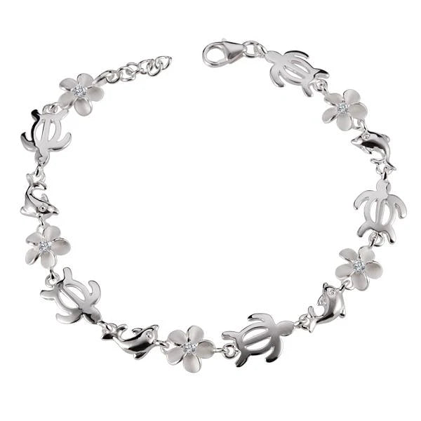 Hawaiian 925 Sterling Silver honu dolphin and plumeria CZ bracelet with 8mm beads, featuring intricate ocean-inspired.