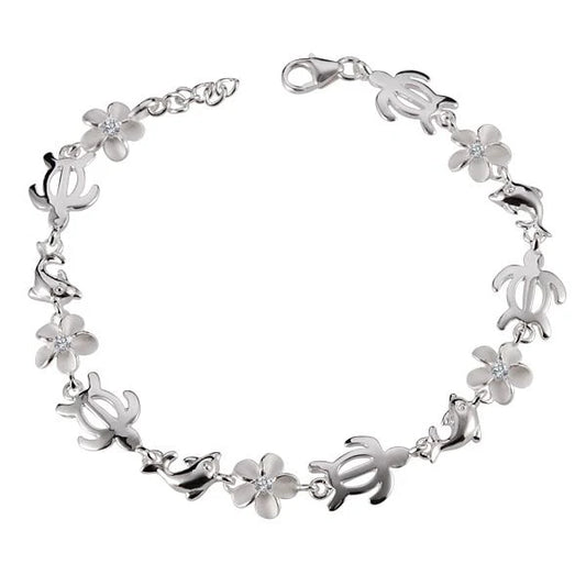 Sterling silver Honu dolphin bracelet with plumeria CZ accents featuring 8mm beads, crafted by Ashley's Gift Shop.