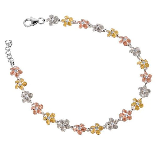Sterling silver tricolor Plumeria PLU CZ bracelet with 6mm beads, featuring colorful flower-shaped charms and intricate design.