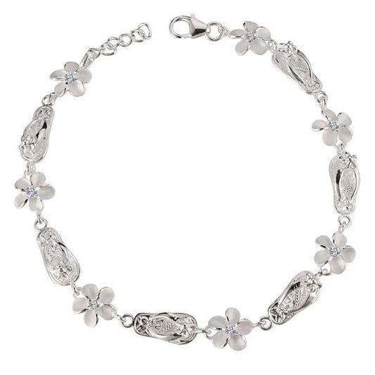 Sterling silver slipper and Plumeria CZ bracelet with 8mm beads, featuring a delicate design and intricate gemstone details.