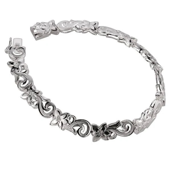 Hawaiian 925 Sterling Silver plumeria Scroll S/T Link Bracelet with 8mm links, featuring intricate floral design.