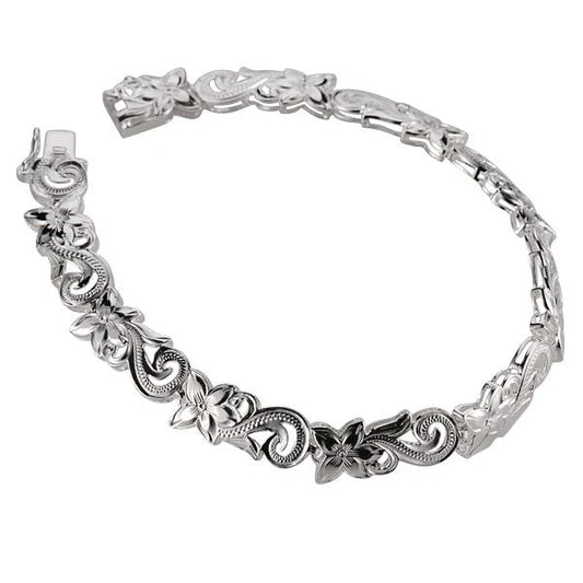 Sterling silver Plumeria Scroll S/T Link Bracelet with 8mm beads, handcrafted design, elegant jewelry accessory.