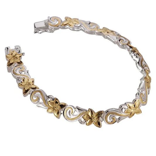Sterling silver Plumeria Scroll S/T Link Bracelet with 8mm beads, crafted from 925 silver, featuring intricate floral scroll design.
