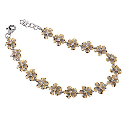 Sterling silver SBR Plumeria CZ bracelet with 8mm yellow gold plated beads, elegant jewelry from Ashley's Gift Shop