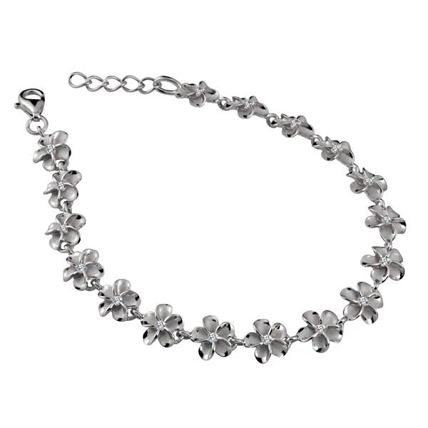 Hawaiian 925 Sterling Silver sBR Plumeria CZ rhodium bracelet with 8mm beads.