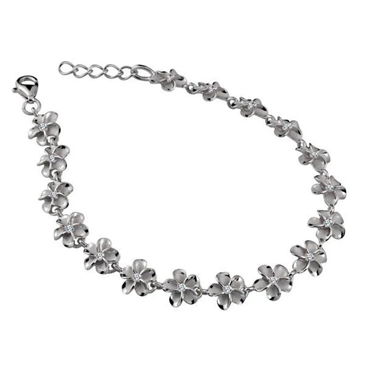 Sterling silver SBR Plumeria CZ bracelet featuring 8mm beads, crafted with rhodium plating for a shiny, elegant finish.