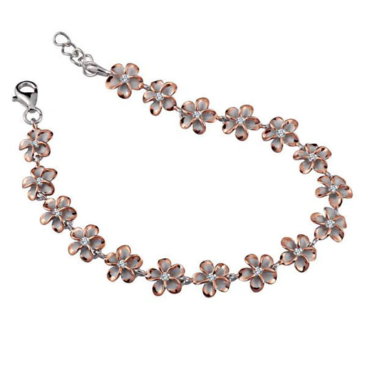 Sterling silver SBR Plumeria CZ PG plated bracelet with 8mm beads, featuring floral design and sparkling gemstones.