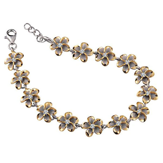 Sterling silver Plumeria CZ bracelet with 10mm yellow gold plated beads, handcrafted jewelry from Ashley's Gift Shop.