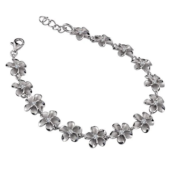 Hawaiian 925 Sterling Silver sBR Plumeria CZ Rhodium bracelet with 10mm floral design.