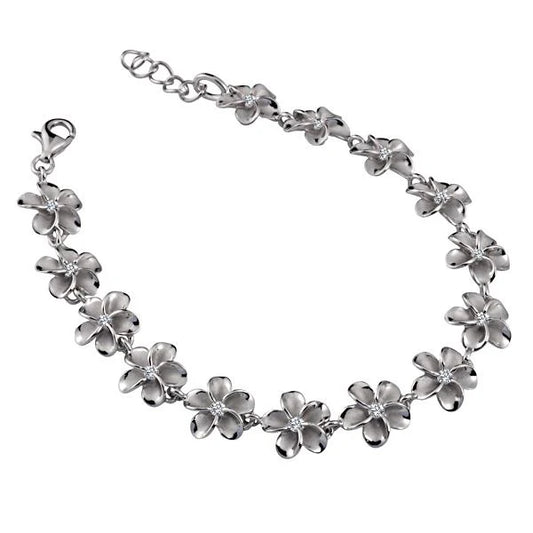 Sterling silver SBR Plumeria CZ bracelet with 10mm links, crafted in rhodium finish, featuring floral-inspired design.