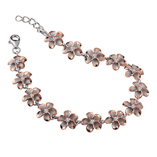 Sterling silver Plumeria CZ bracelet with 10mm beads, plated in PG, featuring a delicate floral design and adjustable chain.