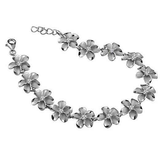Sterling silver SBR Plumeria CZ rhodium bracelet with 12mm links, crafted in 925 silver for a elegant, polished look.