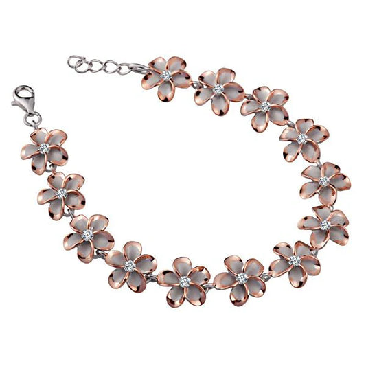Sterling silver Plumeria CZ bracelet with 12mm beads, plated with PG, featuring a delicate floral design from Ashley's Gift Shop.