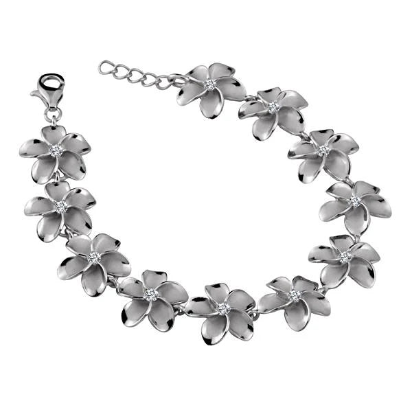 Hawaiian 925 Sterling Silver sBR Plumeria CZ rhodium bracelet with 15mm floral design.
