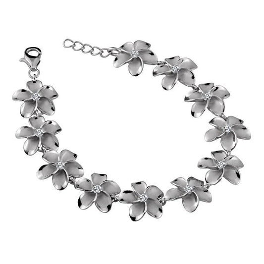 Sterling silver SBR Plumeria CZ rhodium bracelet with 15mm design, featuring intricate floral details and sparkling cubic zirconia accents.
