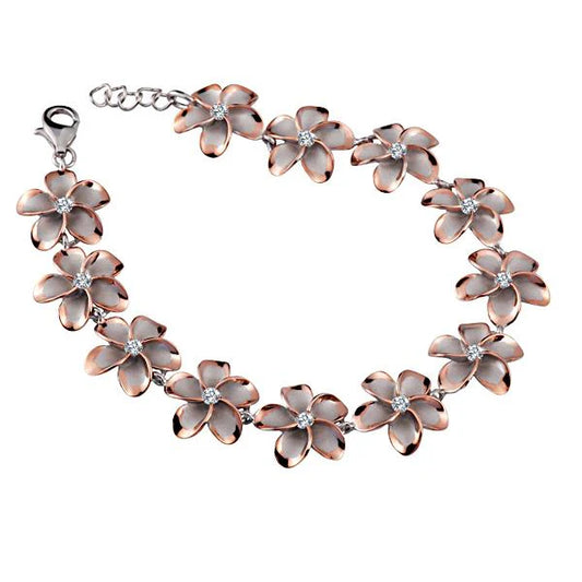 Sterling silver Plumeria CZ bracelet with 15mm beads from Ashley's Gift Shop, showcasing intricate flower design and shiny plating.