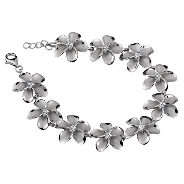 Hawaiian 925 Sterling Silver sBR Plumeria CZ Rhodium bracelet, 18mm width, featuring detailed flower design and sparkling.