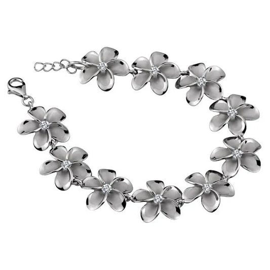 Sterling silver SBR Plumeria CZ rhodium bracelet with 18mm links, featuring floral design, from Ashley's Gift Shop.