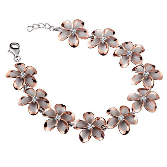 Sterling silver SBR Plumeria CZ PG plated bracelet with 18mm links, featuring floral design and sparkling cubic zirconia accents.