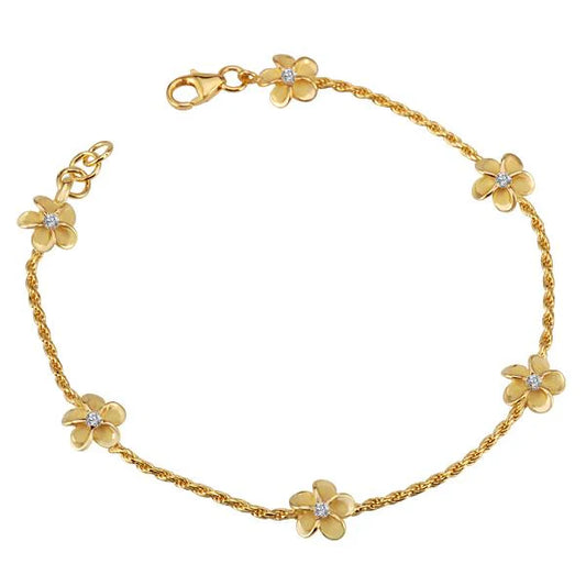 Sterling silver Plumeria PLU clear cubic zirconia YG plated rope bracelet showcasing intricate design and sparkling stones.