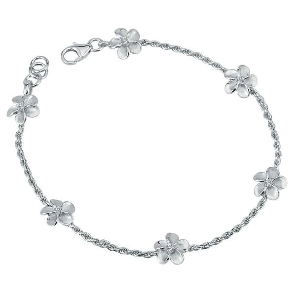 Hawaiian 925 Sterling Silver plumeria PLU Clear CZ Rope Bracelet with floral design and braided cord.