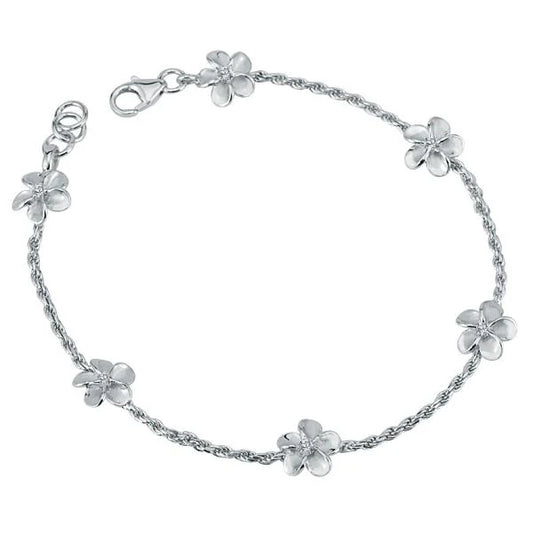Sterling silver Plumeria PLU Clear CZ Rope Bracelet featuring a delicate floral design and sparkling cubic zirconia accents.