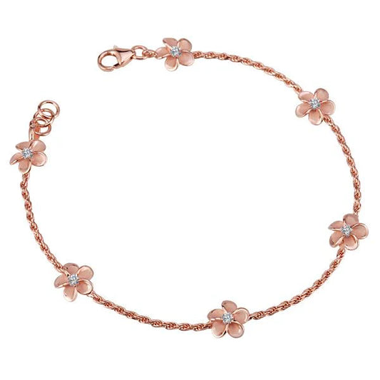 Sterling silver Plumeria PLU clear CZ rope bracelet with gold plating, featuring floral charm for elegant jewelry style