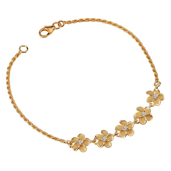Hawaiian 925 Sterling Silver five Plumeria CZ YG plated rope bracelet with 8mm beads, featuring floral design and yellow.