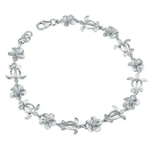 Sterling silver Plumeria CZ Honu dolphin bracelet with 8mm beads, featuring intricate dolphin and flower designs.