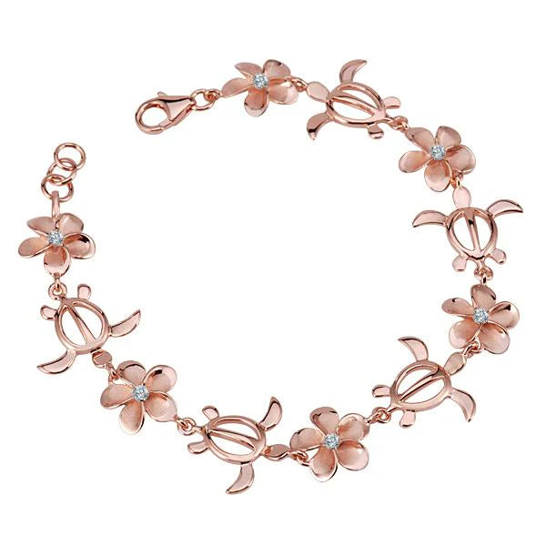 Hawaiian 925 Sterling Silver plumeria CZ Honu PG plated bracelet with 12mm beads, featuring tropical whale charm.