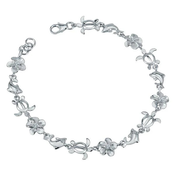 Hawaiian 925 Sterling Silver plumeria CZ Honu-Dolphin bracelet with 8mm beads, featuring dolphin and flower motifs.